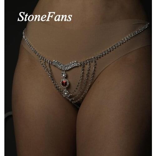 Stonefans Fashion Red Crystal Belly Chain Thong Rhinestone Undewear for Women Sexy Rhinestone Waist Chain Body Bikini Panties