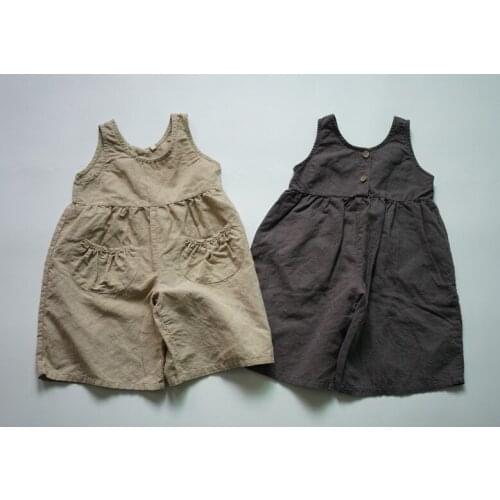 New Summer Children Cotton Linen Sleeveless Jumpsuits Korean Style Pure Color Wid-leg Trousers Unisex Kids Overalls