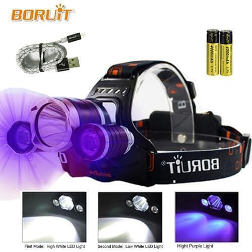 LED Headlight UV High Power Head Lamp Light Lantern 5000Lm T6 18650 BORUIT RJ-3000 Fishing Head Torch Rechargeable Headlamp