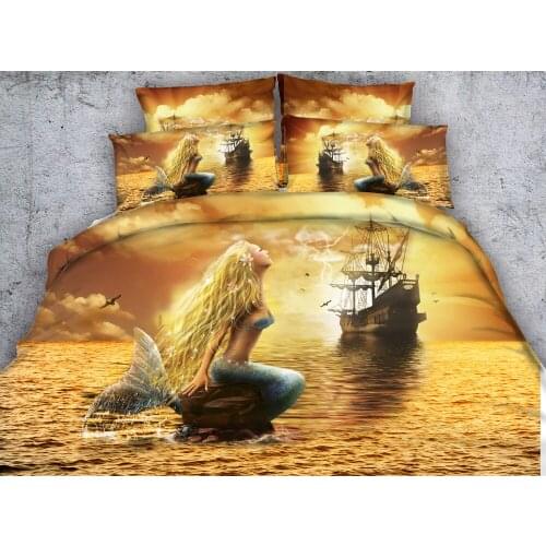 Beautiful 3d Golden Sea Mermaid and Pirate Ship bed set Girls Bedlinens set comforter bedding sets duvet cover set king size