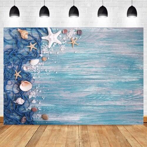 Laeacco Blue Gradient Wood Wall Board Plank Starfish Shell Fishnet Photo Backdrop Potographic Background Photo Studio Phocall