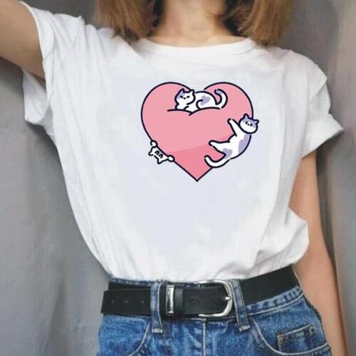 Summer Cotton T Shirt Women Tops Fashion Heart Cute Cats Pet Lover Print Tee Shirt Femme Casual Harajuku Shirt Camiseta Mujer