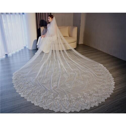 New 3 Meter White Ivory Wedding Accessories Appliques Tulle Long Cathedral Wedding Veil Lace Edge Bridal Veil veu de noiva longo