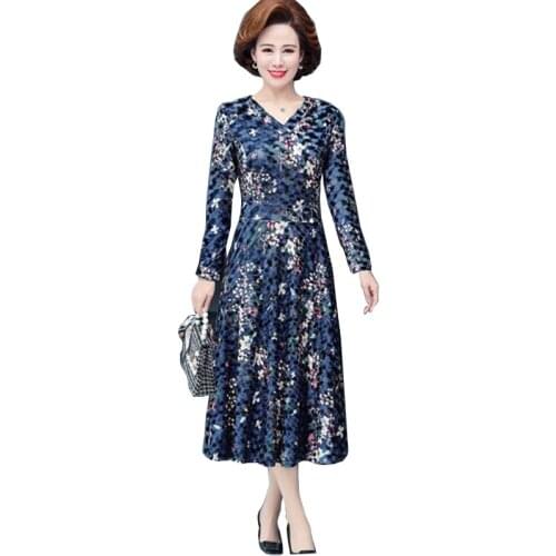 2021 Autumn Casual 5XL Plus Size Dress Elegant Vintage Printed Gold Velvet Mid-;ength Middle-Aged Mothers Skirt FC620