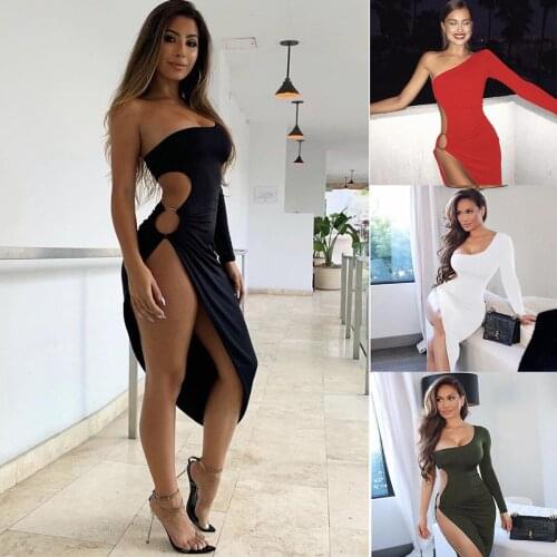 Dress Women Summer One Shoulder Sexy long-sleeved Hollow Out Split Party Evening Mini Dresses Casual Vestidos LZY9956
