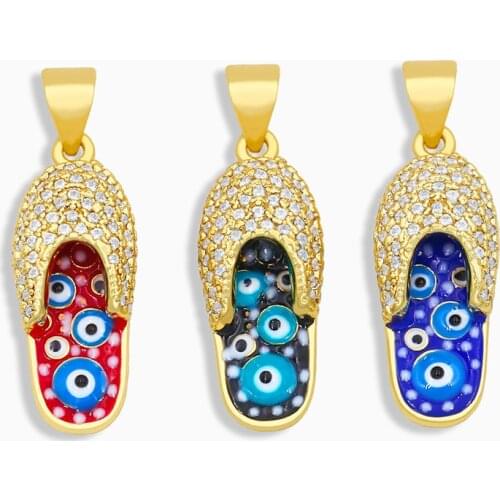 OCESRIO CZ Brass Blue Evil Eye Jewelry Pendant Charm Wholesale Gold Small Slipper Pendants for Jewelry Making Bulk pdta265
