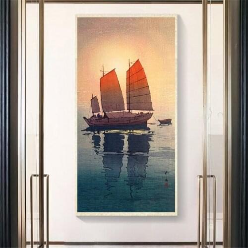 Retro Canvas Paintings Sailing Ship On The Sea Scenery Wall Art Canvas Sunset Posters And prints For Corridor Room Decor