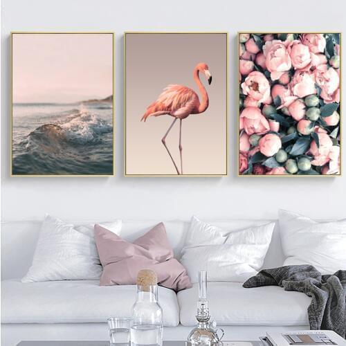 Modern Romantic Pink Peony Flamingo Love Wall Art Wave Scene Pictures Canvas Painting Nordic Poster Prints for Living Room Decor