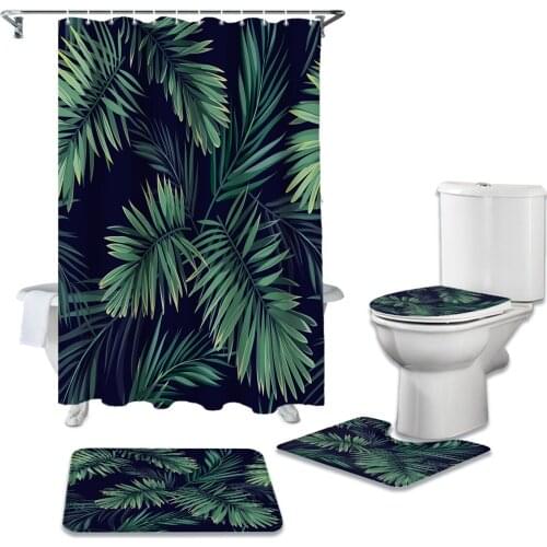 Bathroom Waterproof Shower Curtain Tropical Leaves Green Pedestal Rug Lid Carpet Toilet Cover Set Bath Curtain Mat Set