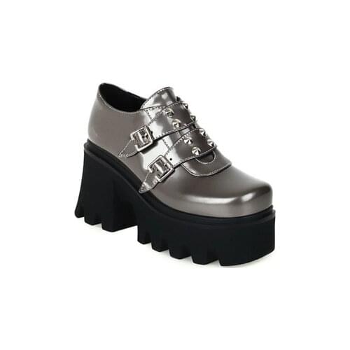 2021 New Fashion Rivets Creepers Platform Shoes Gothic Chunky Heel Women Shoes High Heel Gold Silver Patent Leather Plus Size 43