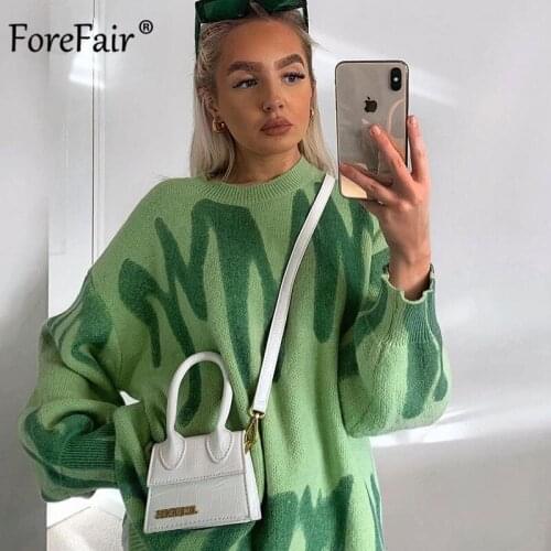 Forefair 2021 New Autumn Winter Knitted Y2k Long Sleeve Women Sweater Ladies Print Fashion O Neck Casual Oversize Coat Top