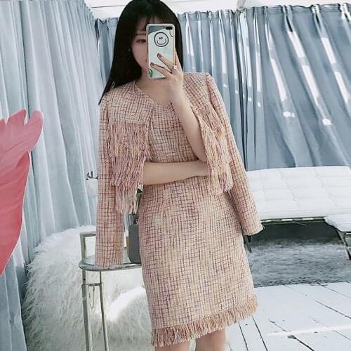 Pink Plaid Tweed Jacket + Sleeveless Dress 2020 Spring / Autumn Ladies coat Ladies Fashion Tassel Woolen Jacket 2 piece set