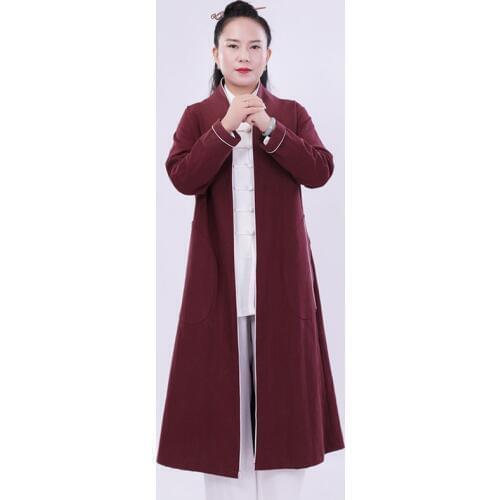 2018 New Pattern Tai Chi Outfits Robe Woman Thick Linen Long Coat Kung Fu Clothes Only One Piece Robe Burgundy And Red Colors