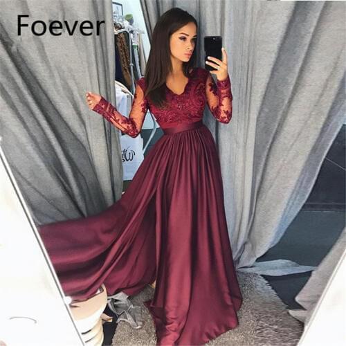 2019 Burgundy Prom dresses Long with Long Sleeves Lace V Neck dress for graduation Evening Dresses Prom Gown for Women