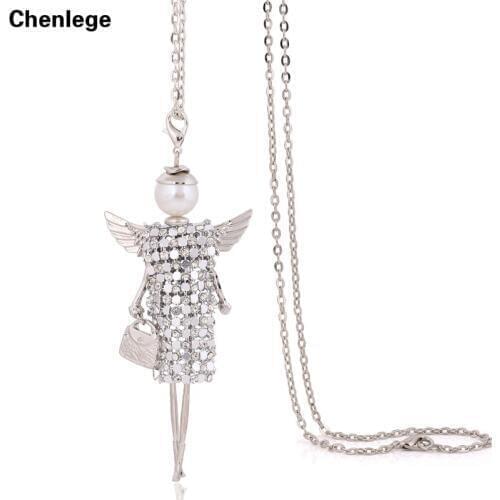 Handmade new sweater CZ chain long necklace angel wings full rhineston doll necklace jewelry women chokers crystal girl pendant
