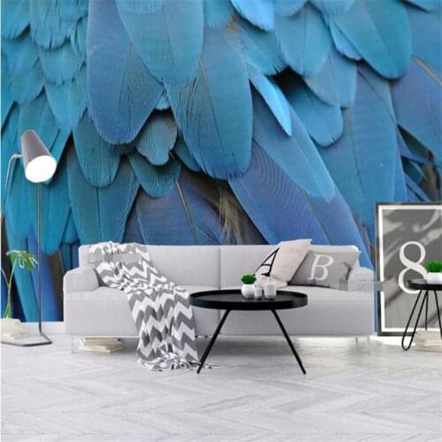 Customized 3d stereo wallpaper European minimalist TV background wall paper blue feather decoration painting mural
