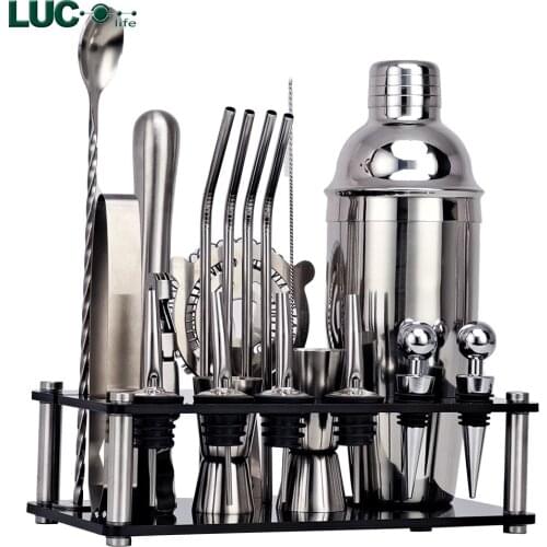 Bartender Kit 20-Piece Cocktail Shaker Set Acrylic Holder Home DIY Suit for Mixed Drinks Martini Bar Tools Stainless Steel