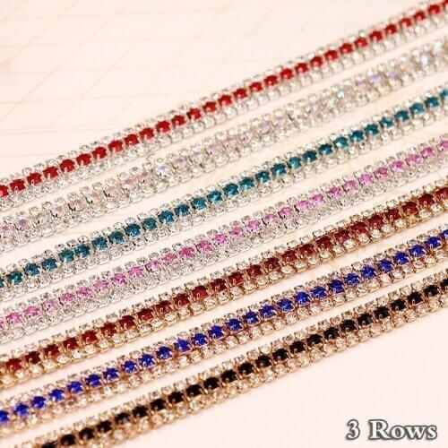 1Yard 3 Rows Shiny Crystals Strass Glue Rhinestones Cup Chain Sewing Rhinestones Chain For Clothes Decoration Dress Accessories