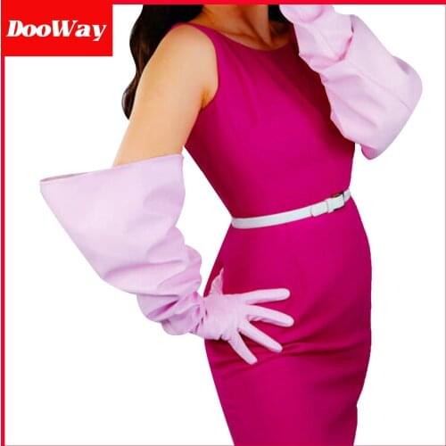 DooWay Women Fashion Extra Long Gloves Faux Lambskin Leather PU Oversize Puff Wide Sleeves for Evening Costume Prom Pink 28"