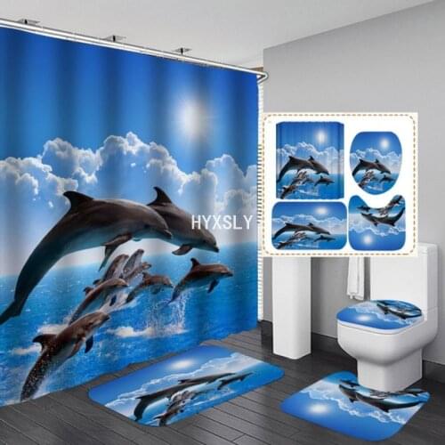 Blue Sea Dolphin Shower Curtain 3d Fish Animal With Non Slip Rug Mat Bathroom Curtains Waterproof Polyester Home Decor 180x180