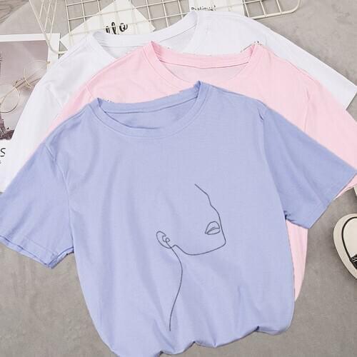 Line Painting T Shirt Woman Face Summer Womens T-shirt 2020 New Large Casual Harajuku Short Sleeve T-Shirt Funny Star T-Shirt