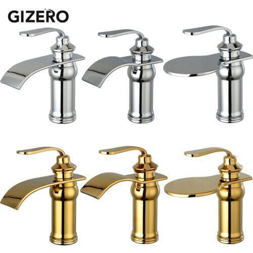 GIZERO Waterfall Basin Faucet Sink Mixer Chrome Polish Deck Mounted Bathroom Washbasin Taps Hot and Cold Golden Mixer ZR728