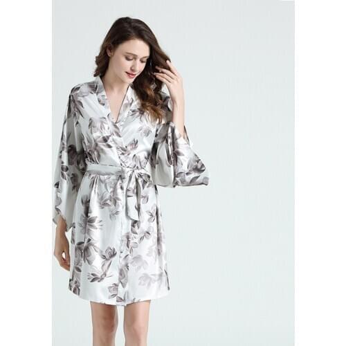 Lady Kimono Bathrobe Gown Satin Print Sleepwear Nightgown Silky Intimate Lingerie Nightdress Casual Home Dressing Gown Homewear