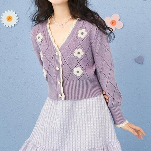 Flower Embroidered Knit Cardigan Women 2021 Fashion Sweaters Hollow Out Sweet V Neck Long Sleeve Top Female Outerwear Chic Tops