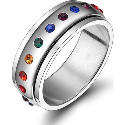 Fashion Rotating Spinner Ring For Women Stainless Steel Ring With Rainbow Multicolor Crystal