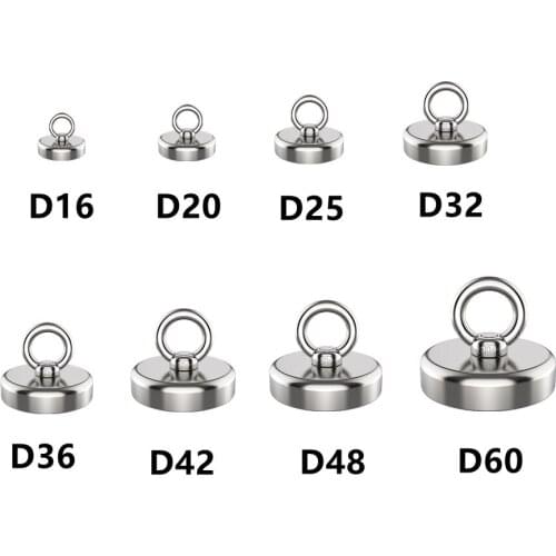 N42 Strong Neodymium Salvage Magnet Fishing Magnets With Stainless Steel Ring Eyebolt Magnetic Hook Holder Dia 16mm-60mm