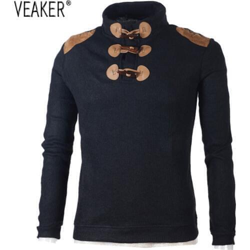 2019 Autumn Mens Sweater Pullover Male Long Sleeve Horn Button Knitted Turtleneck Sweaters slim fit Black Gray Pullovers S-2XL
