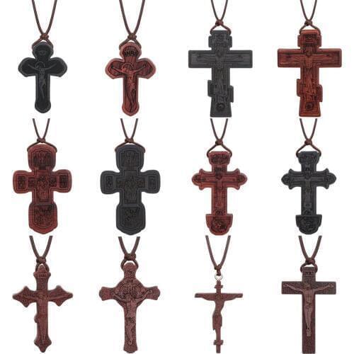 Religious Umbila Ebony Wooden Orthodox Cross Necklace INRI St.Benedict Crucifix Jesus Pendant Necklaces for Men Prayer Jewelry