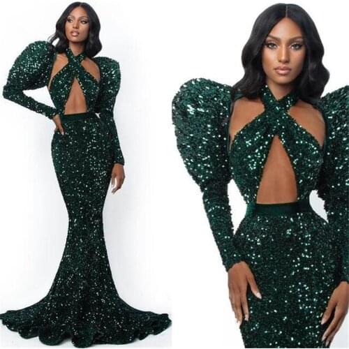 2021 Plus Size Arabic Aso Ebi Dark Green Stylish Prom Dresses Long Sleeves Mermaid Sequined Evening Party Second Reception Gowns