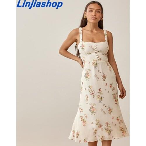 Women Spaghetti Strap Dress Sexy Sleeveless Buttons Slim A-line Long Beach Dress Holiday Elegant Women Summer Clothes For Party