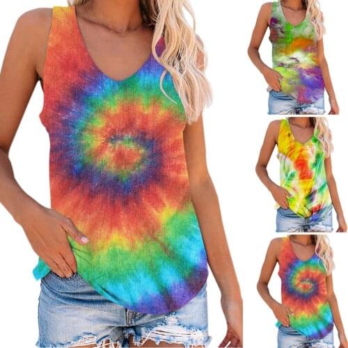 Pullover vest fashion tie dye printing sleeveless casual round neck womens top summer new 2021 free shipping womens wear, топи