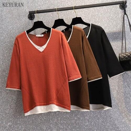 Plus Size Womens Knitted T-Shirt 2021 Summer New Casual Loose V-Neck Half-Sleeve Fake Two-Piece Knitting Pullovers Tops