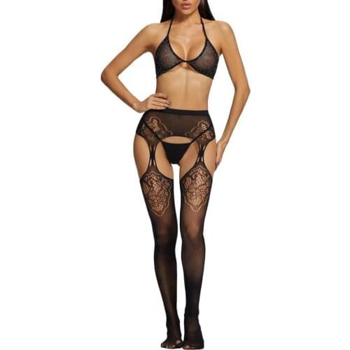 1 Set Seductive Underwear Rhinestones Fishnet Nylon Sexy Sleepwear Womens Underwear Sexy Hot Drilling Fishnet Bra Set