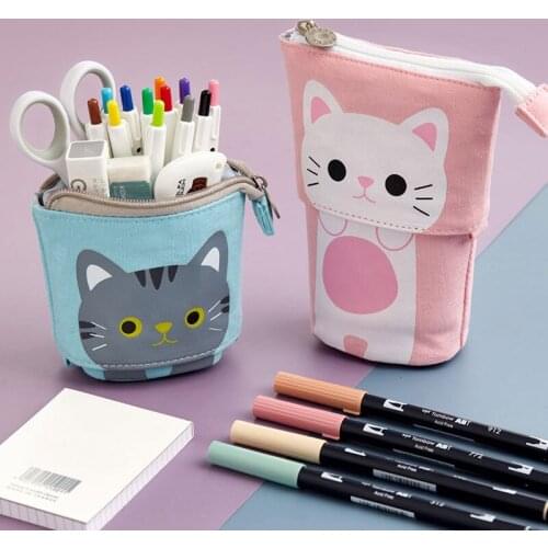 Cat Retractable Pencil Case Canvas Girls Women Kawaii Office School Pencil Bag Boy Cute Creative Stationery Organizer Pen Holder