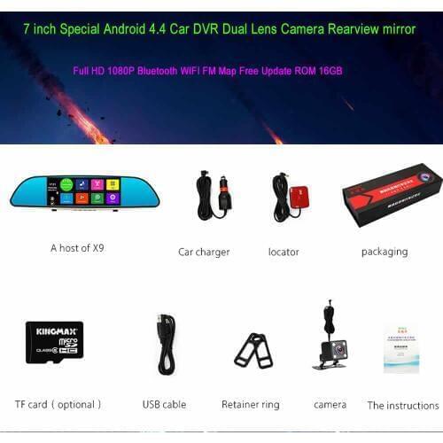 Bluetooth WIFI FM Map Free Update ROM 16GB Dual Lens Camera Rearview mirror Special Android 4.4 Car DVR 7 inch Full HD 1080P