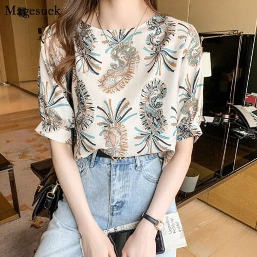 Vintage Printing Women Blouse and Tops 2021 Loose Summer Short Sleeve Plus Size Shirt Floral O Neck Female Clothing Blusas 14374