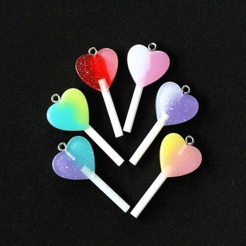 10Pcs 39mm*18.5mm Resin Flatback Heart Lollipop Candy Accessories For Necklace Keychain Pendant DIY Making
