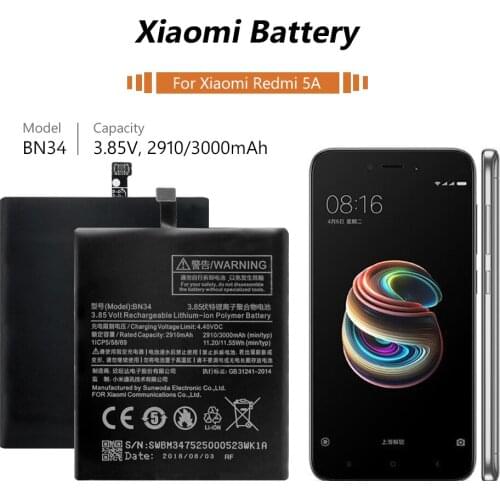 Phone Battery 3.85V 2910/3000mAh BN34 BN 34 Lithium Li-ion Rechargeable Battery For Xiaomi Redmi Hongmi 5A