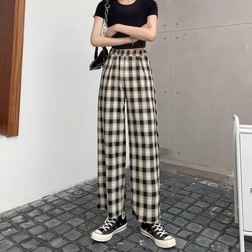 Harajuku Spring Autumn High Waist Vintage Plaid Causal Long Women Summer Pants Street Fashion Straight Wide Leg Pant Pantalones