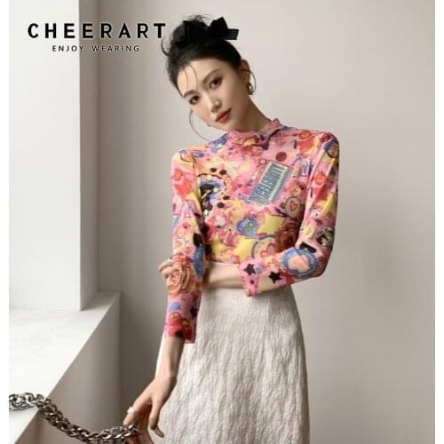 CHEERART Mesh Top Long Sleeve Y2k Pink See Through T Shirt Turtleneck Women Tshirt Print Top Bodycon Desinger Graphic Tee