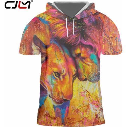 CJLM Fashion Man Hooded Tshirt 3D Colorful Lion Funny Streetwear Mens Tee Shirt Whole body printing Oversized T-shirt