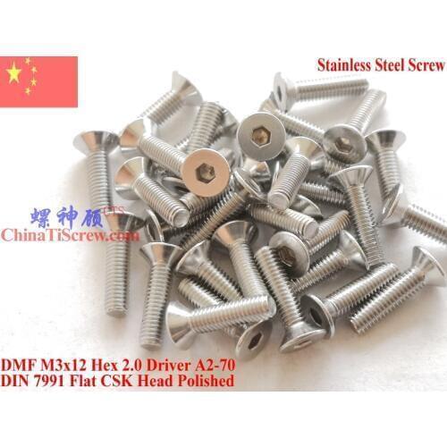 DIN 7991 Stainless Steel screws M3x12 Flat Head Hex Driver A2-70 Polished ROHS 100 pcs