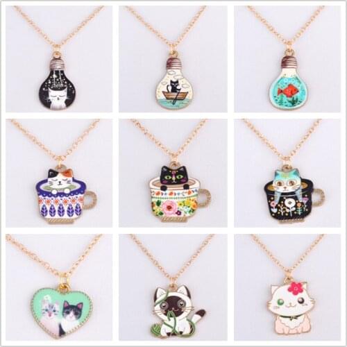 Enamel pet animal portrait teacup cat kitten necklace cup cat choker chain pendant necklace fashion costume jewellery boutique