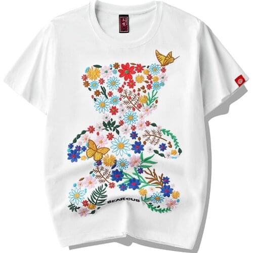 Embroidery Bear T Shirts Men Hip Hop Streetwear T-Shirt Harajuku Cotton Casual Tshirt Summer Short Sleeve Tops Tees Man Clothes