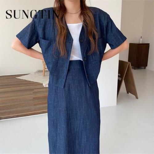 Sungtin Soften Denim 2 Piece Skirt Set for Women Short Sleeve V Neck Short Denim Jacket Loose Long Split Denim Skirts Streetwear