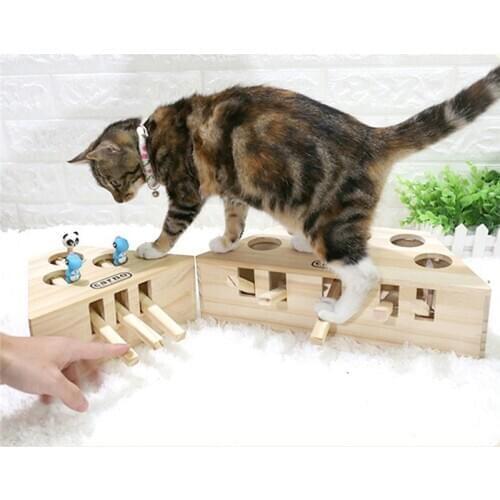 Cat Hunt Chase Mouse Solid Wooden Interactive Maze Pet Hit Hamster With 3/5-Holed Mouse Hole Catch Bite Funny Toy